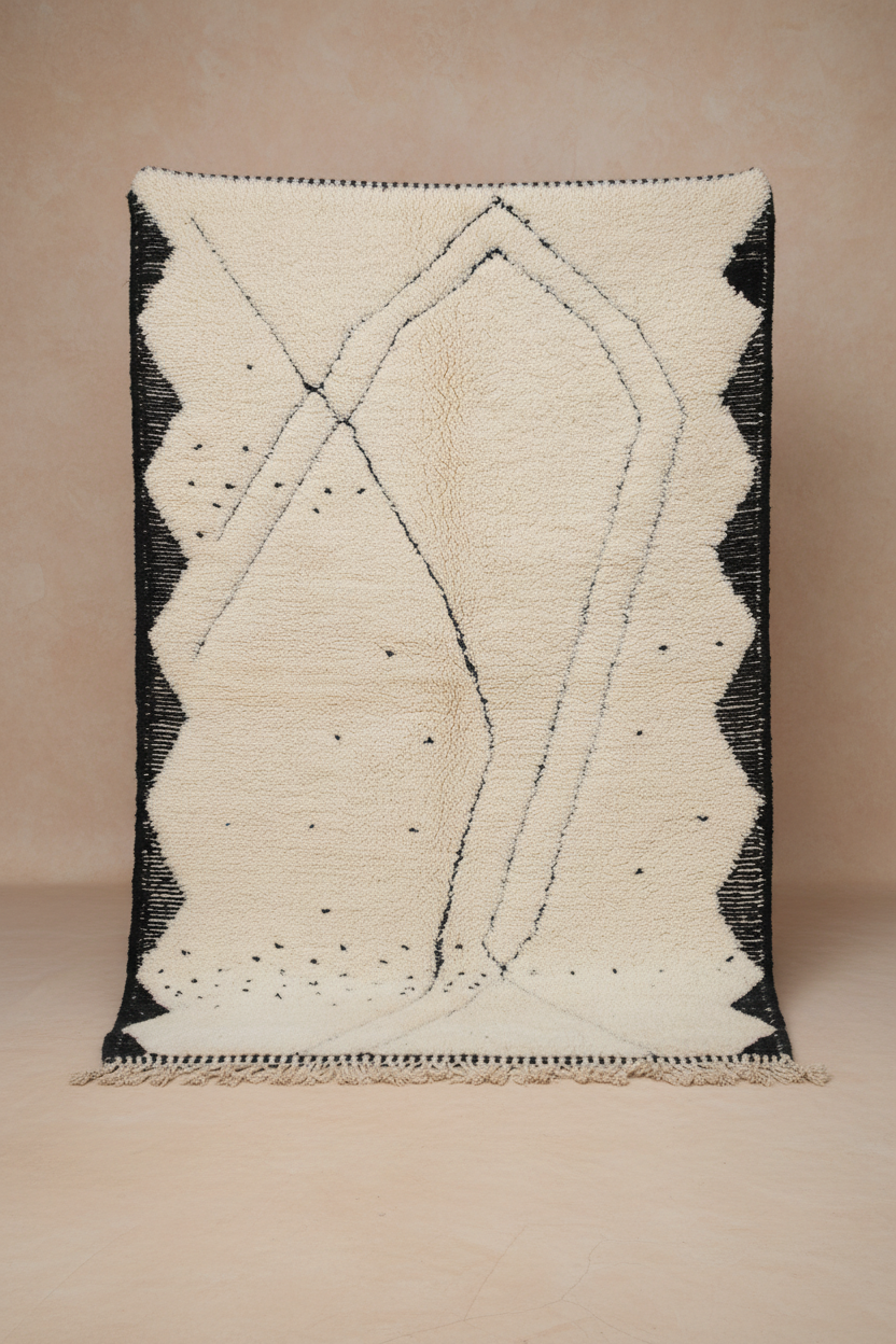 MINIINIMALIST BENI OURAIN MOROCCAN RUG - BLACK IVORY WOOL PIECE Beni Ourain Moroccan Rug