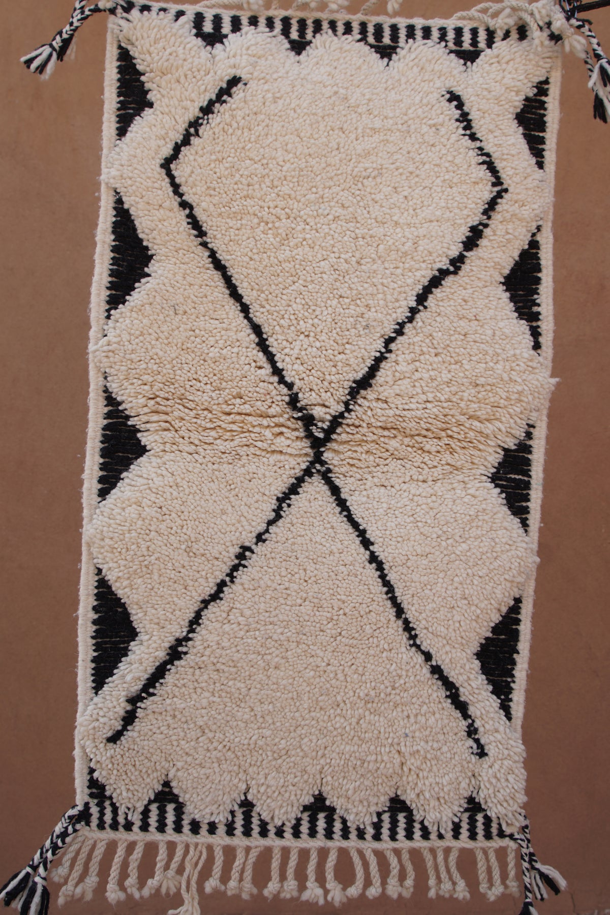 MINIINIMALIST BENI OURAIN MOROCCAN RUG- BLACK IVORY WOOL PIECE