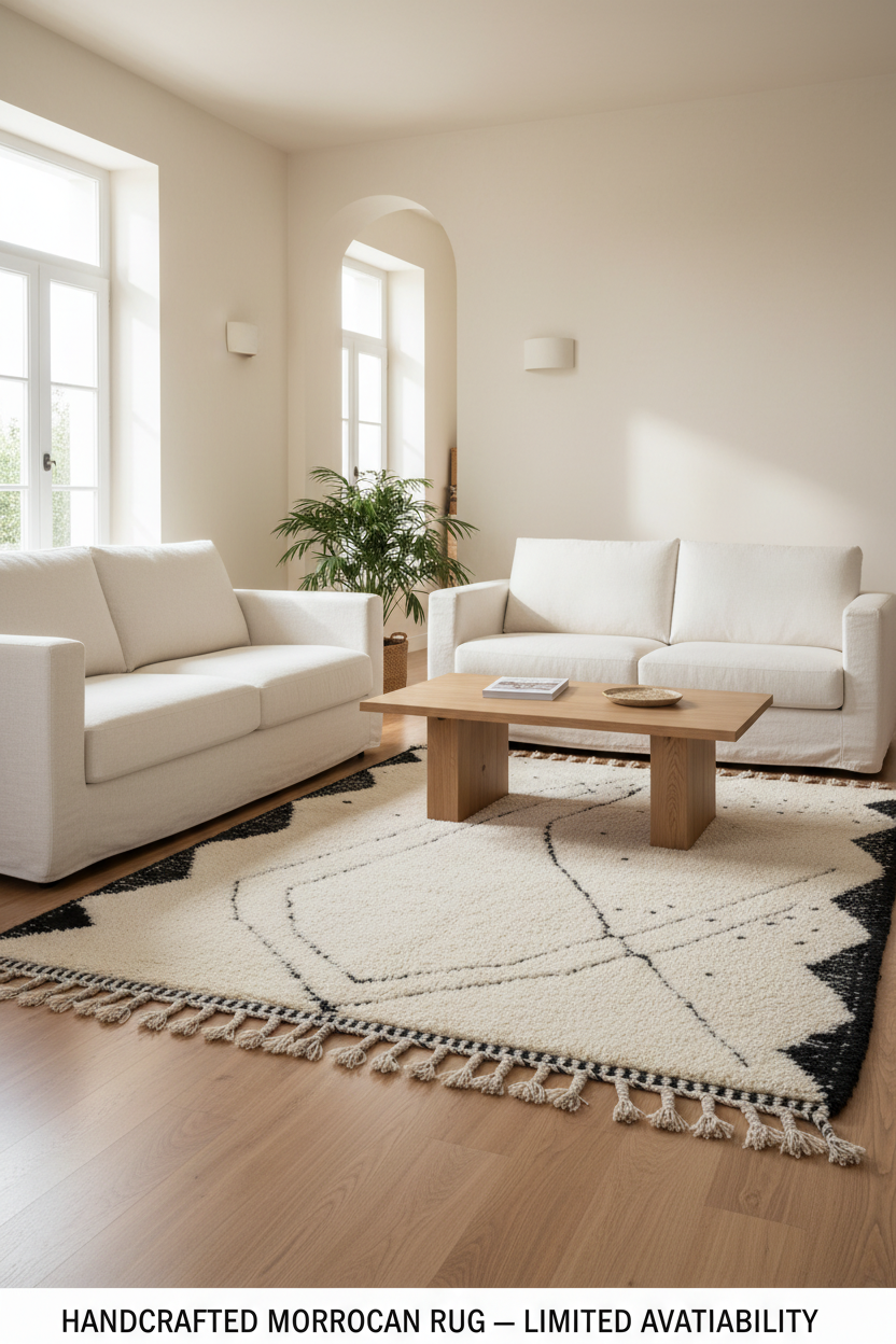 MINIINIMALIST BENI OURAIN MOROCCAN RUG - BLACK IVORY WOOL PIECE Beni Ourain Moroccan Rug
